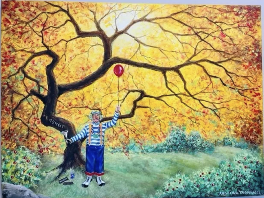 A heavenly light shines through the golden tree as Recycle The Clown holds a red balloon