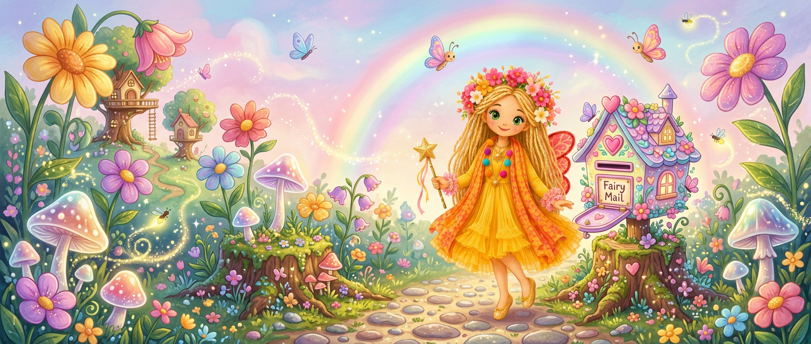 Sunny's Magical Mailbox — Sunny the Fun Fairy with her enchanted fairy mailbox in a magical garden