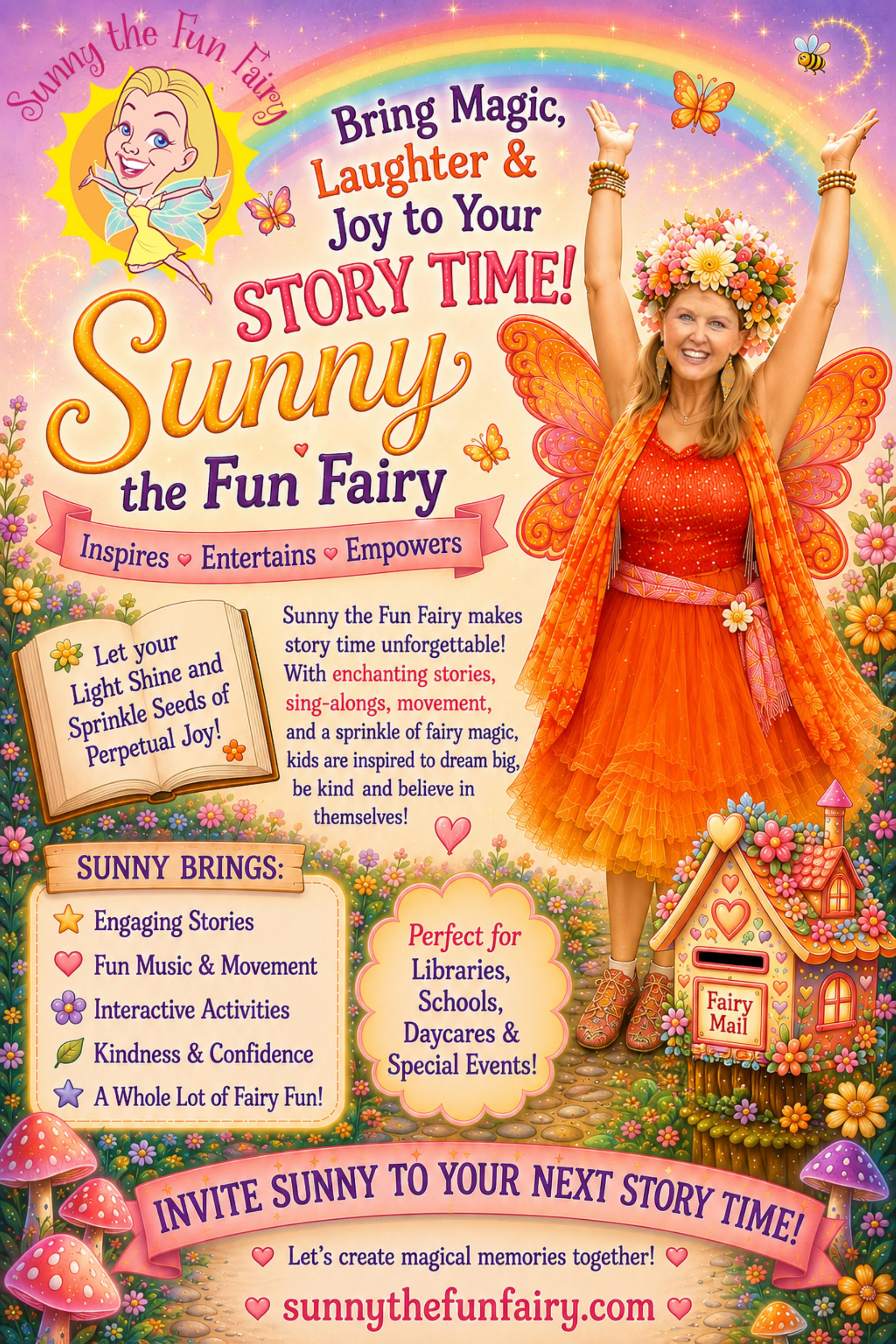 Sunny the Fun Fairy Story Time flier with rainbow, flowers, and a list of what Sunny brings to story time
