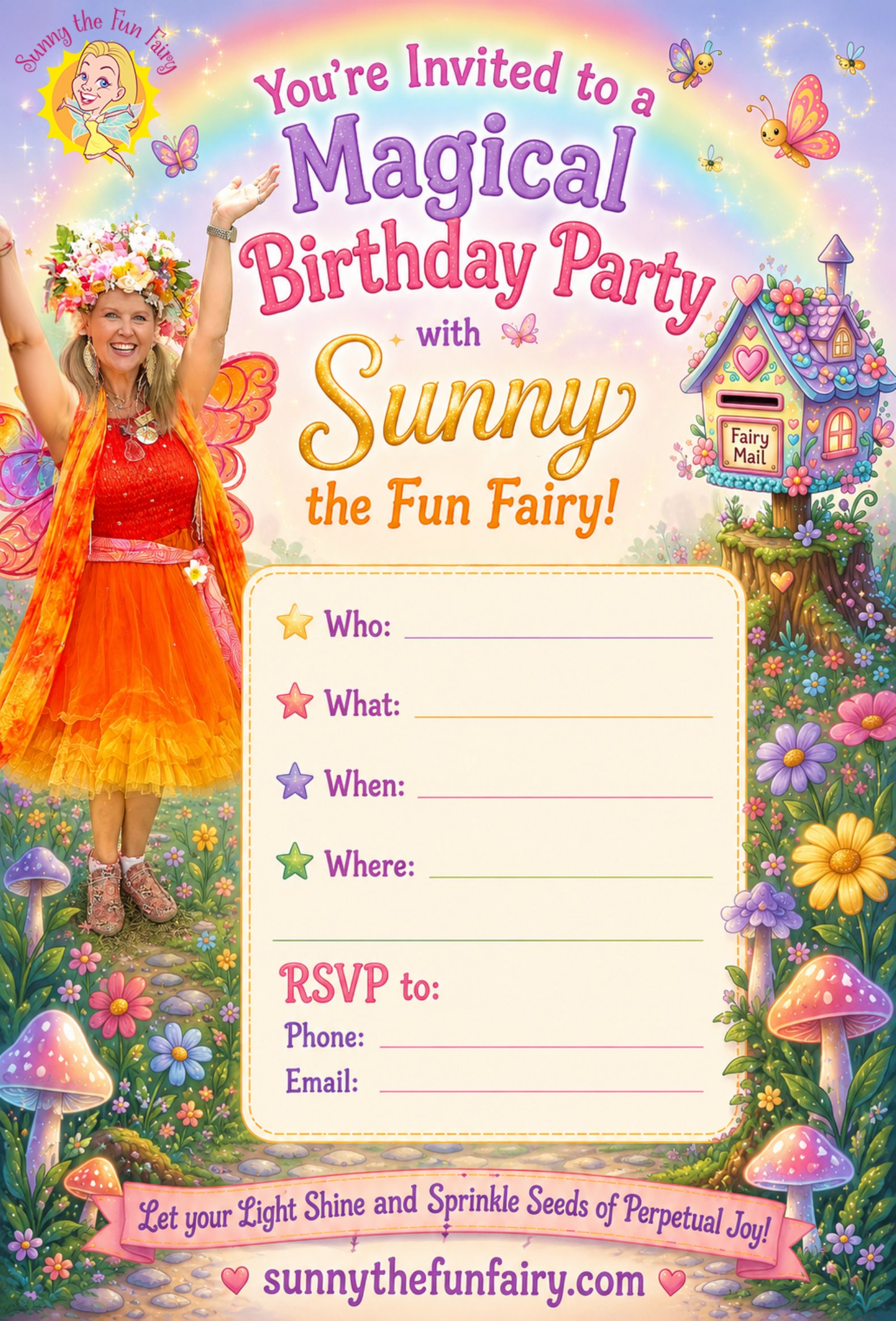 Sunny the Fun Fairy printable birthday party invitation with fairy garden artwork and blank Who, What, When, Where lines