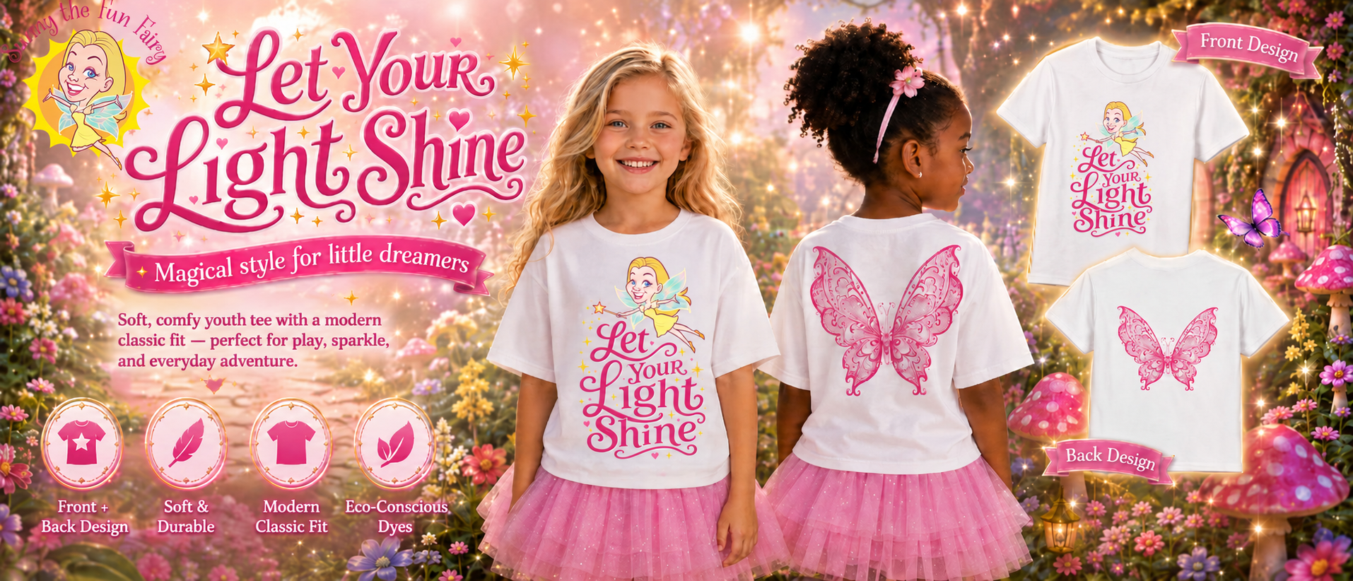 The Sunny Shirt — Let Your Light Shine, featuring front and back designs on a soft youth tee