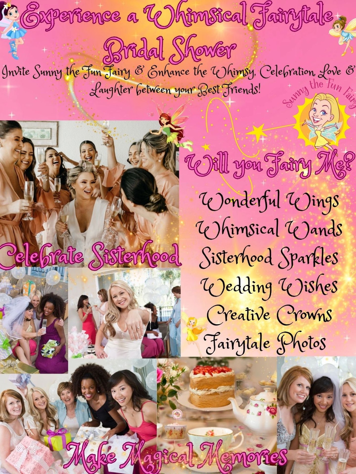 Whimsical fairytale bridal shower collage with friends, flowers, and fairy magic